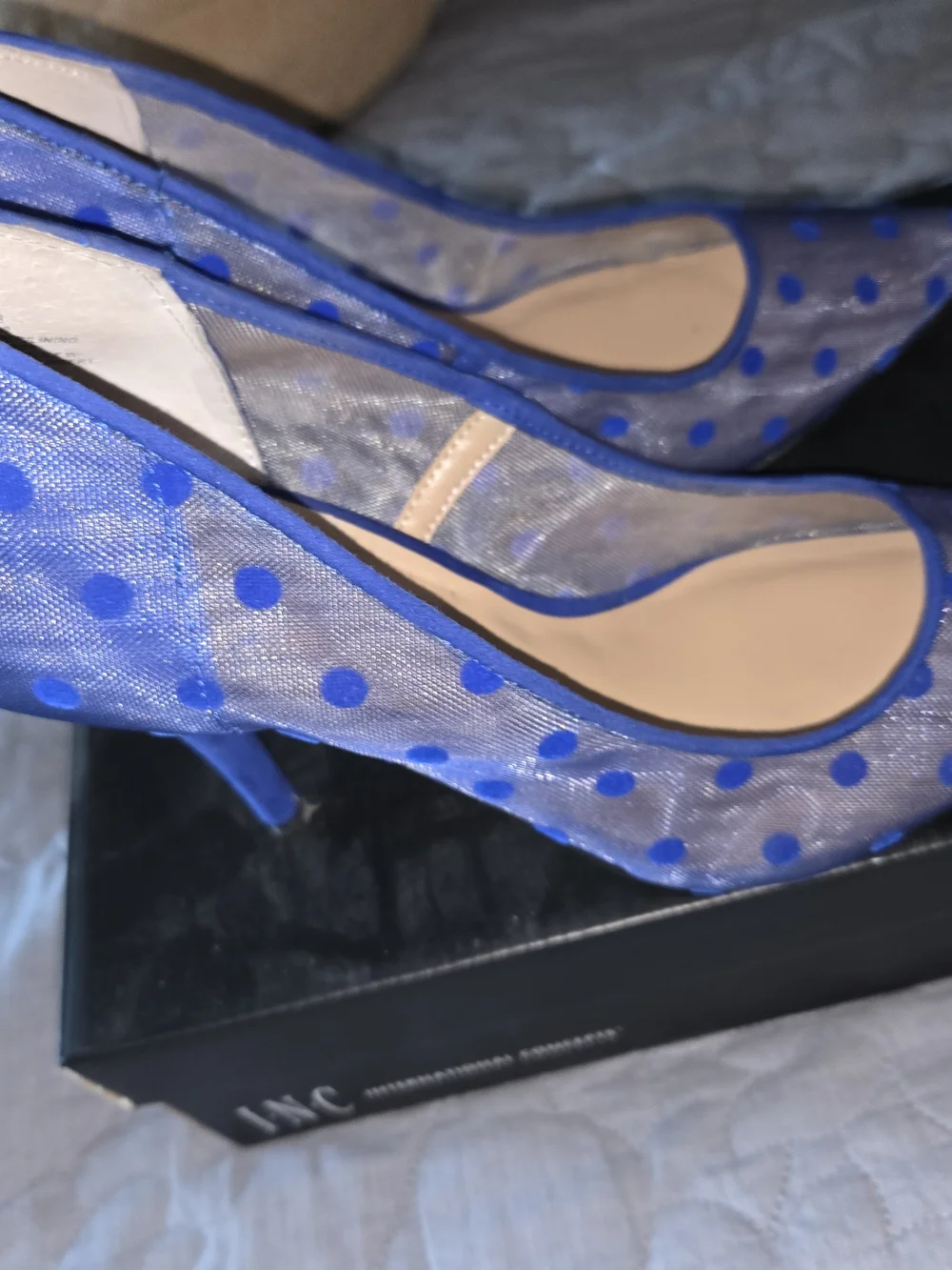 INC International Concepts Royal Blue Polka Dot Mesh Pointed Heels